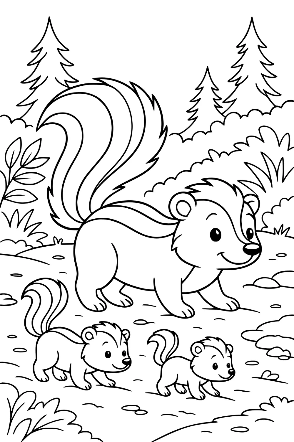Mother skunk and two baby skunks walking on a forest path with trees and bushes.