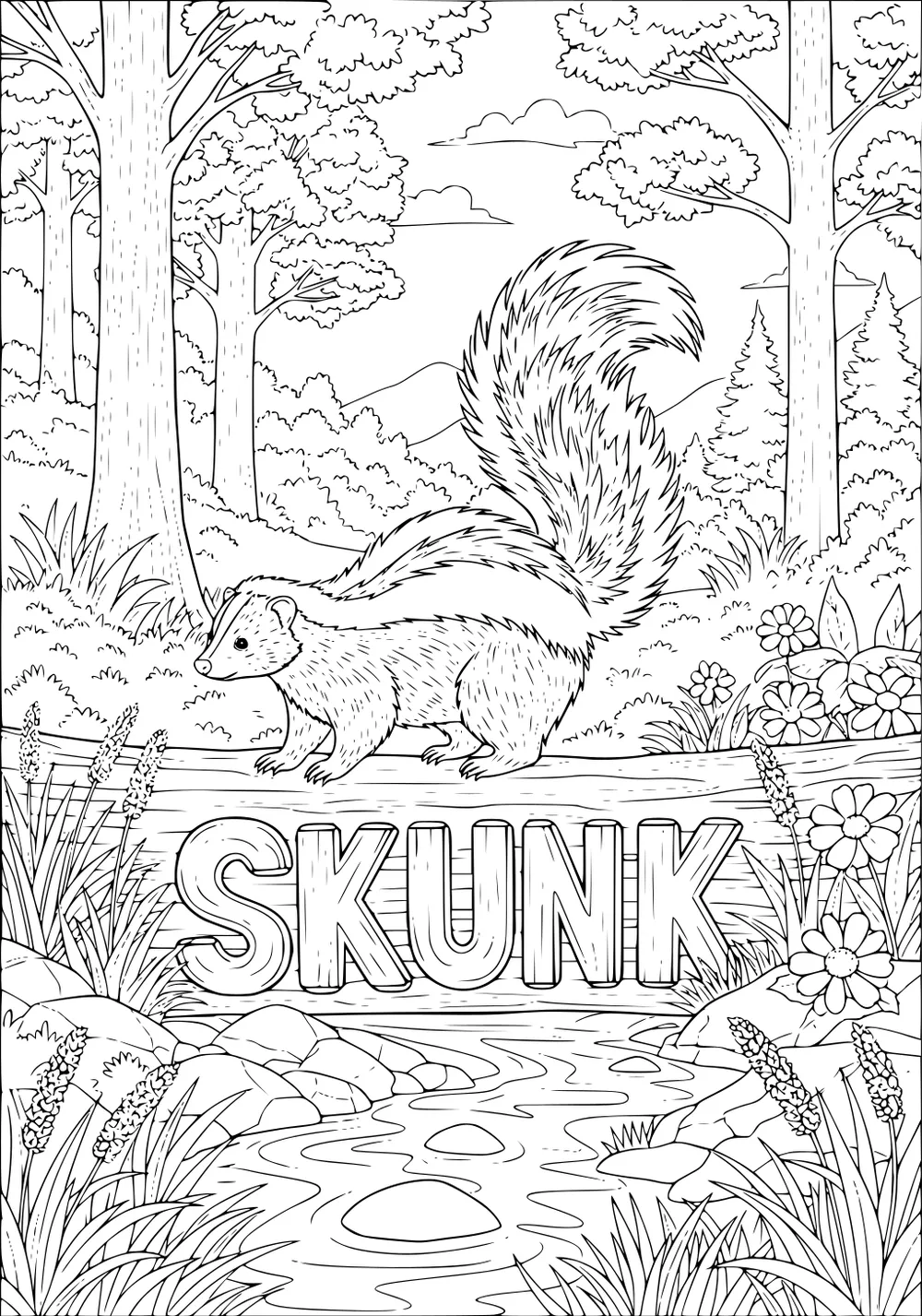 Skunk walking on a log marked SKUNK with trees, flowers, rocks, and a stream in a forest background.