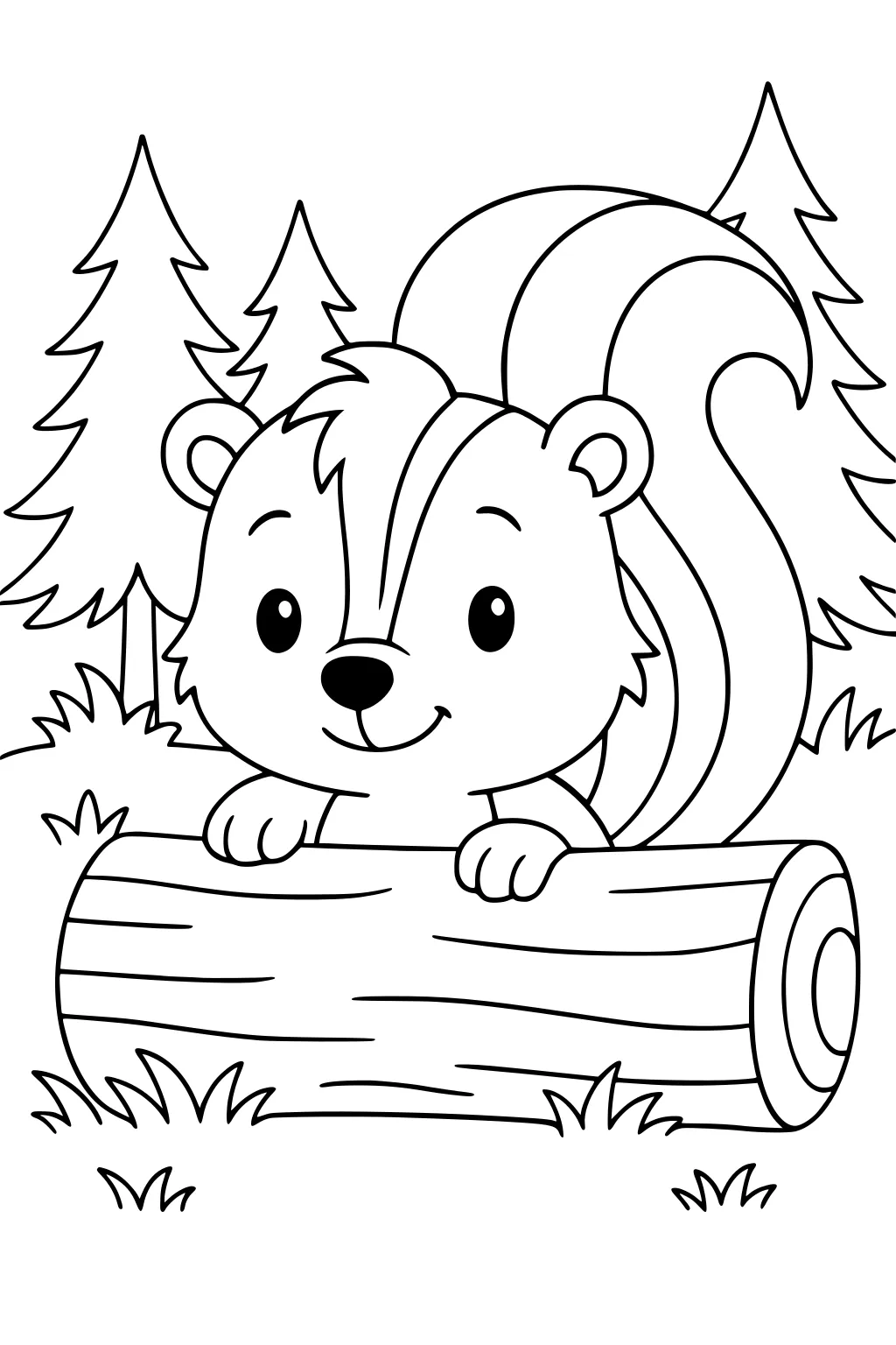 Cartoon skunk peeking over a log with pine trees and grass in the background.