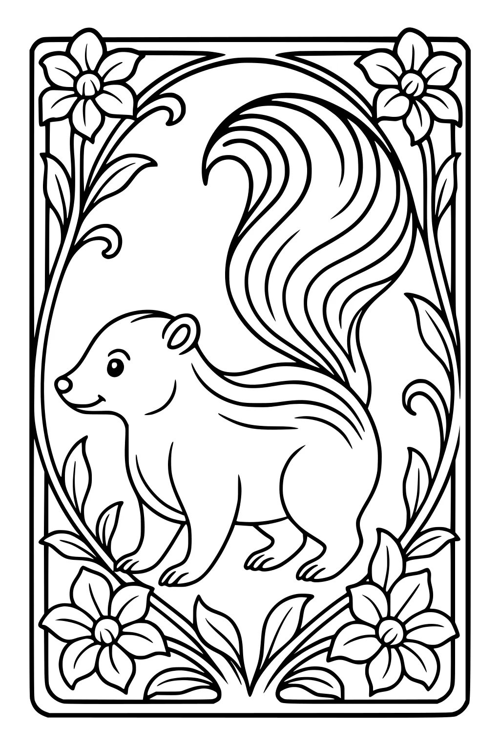 Skunk with a tall bushy tail standing in a flower and leaf border frame.