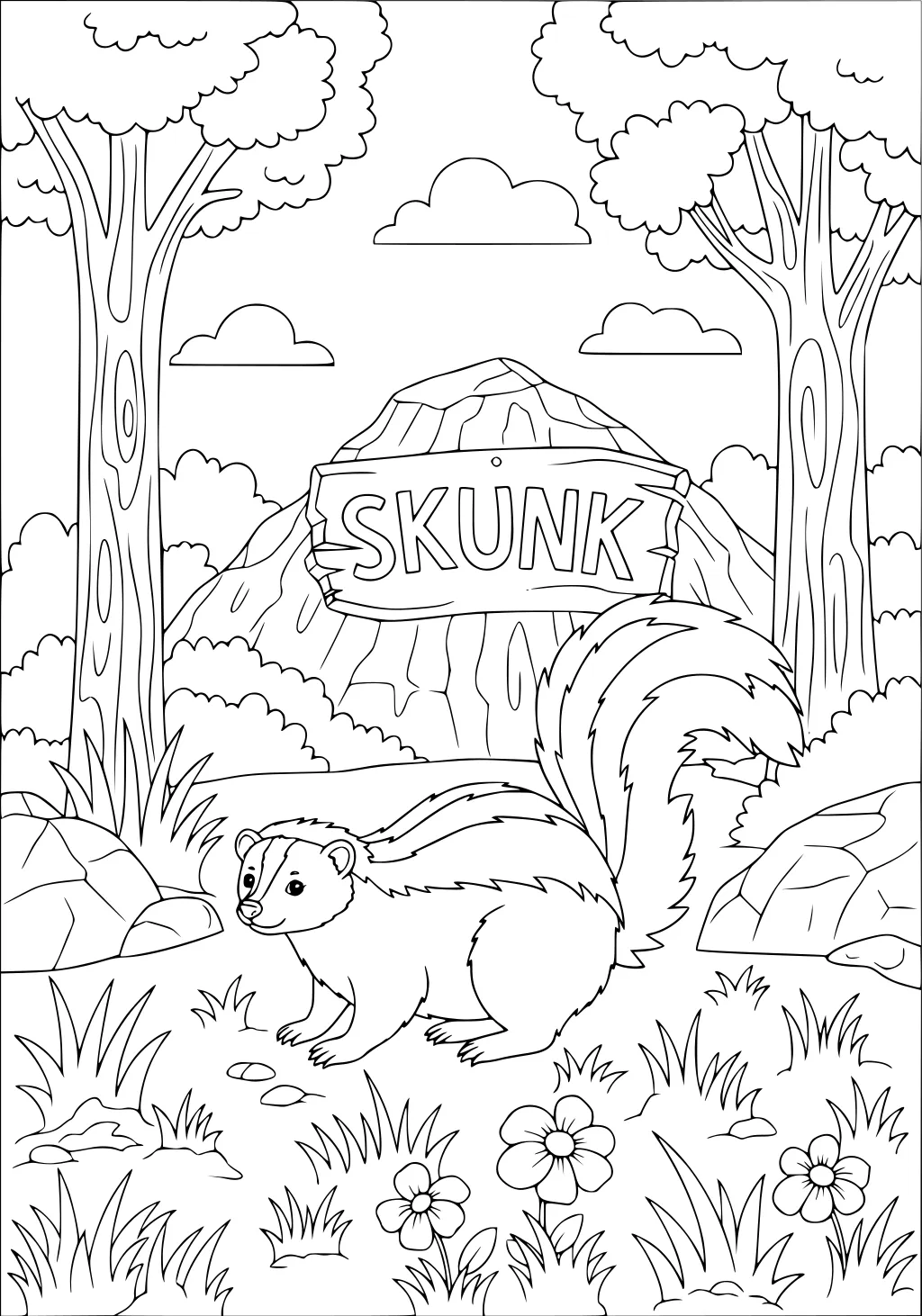Skunk walking in grass with striped tail, trees, flowers, rocks, and SKUNK sign in the background.