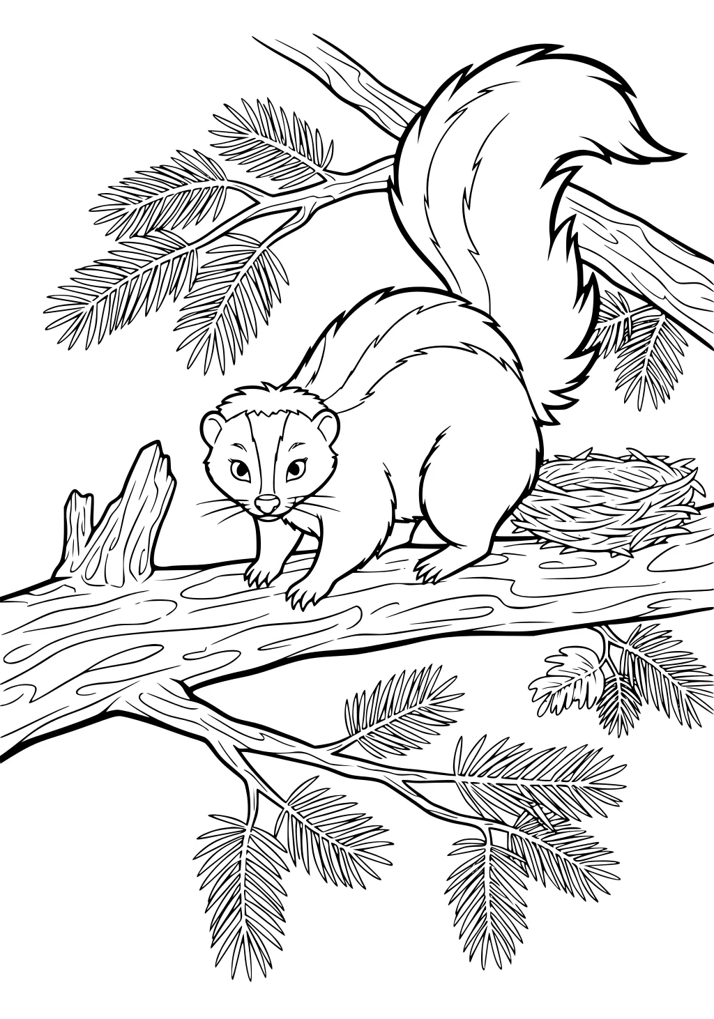 A bushy-tailed skunk walks on a tree branch with pine leaves and a nest in the background. The scene is line art style.