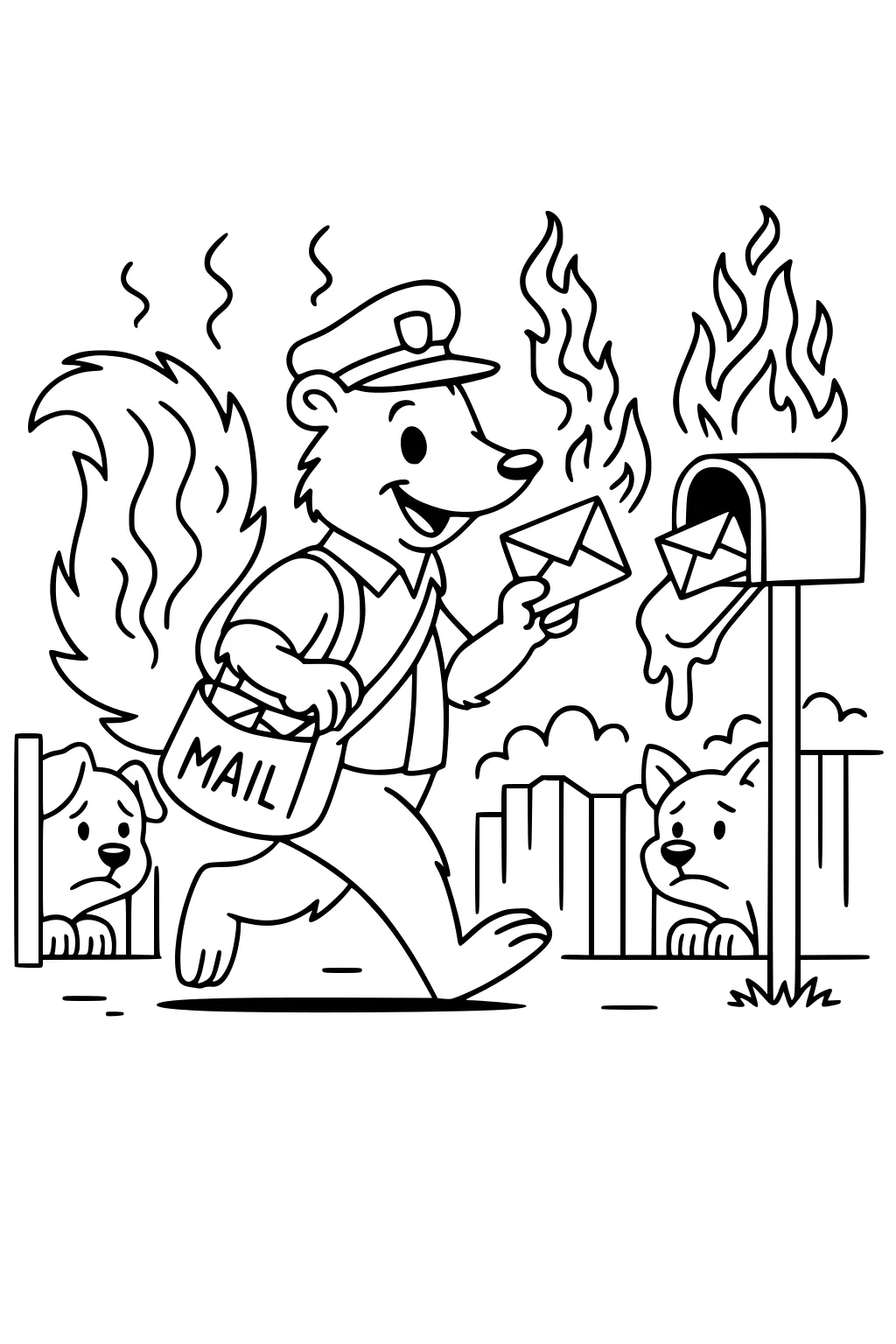 Skunk mail carrier delivers smoking letters to mailbox on fire while two puppies watch, all outdoors.
