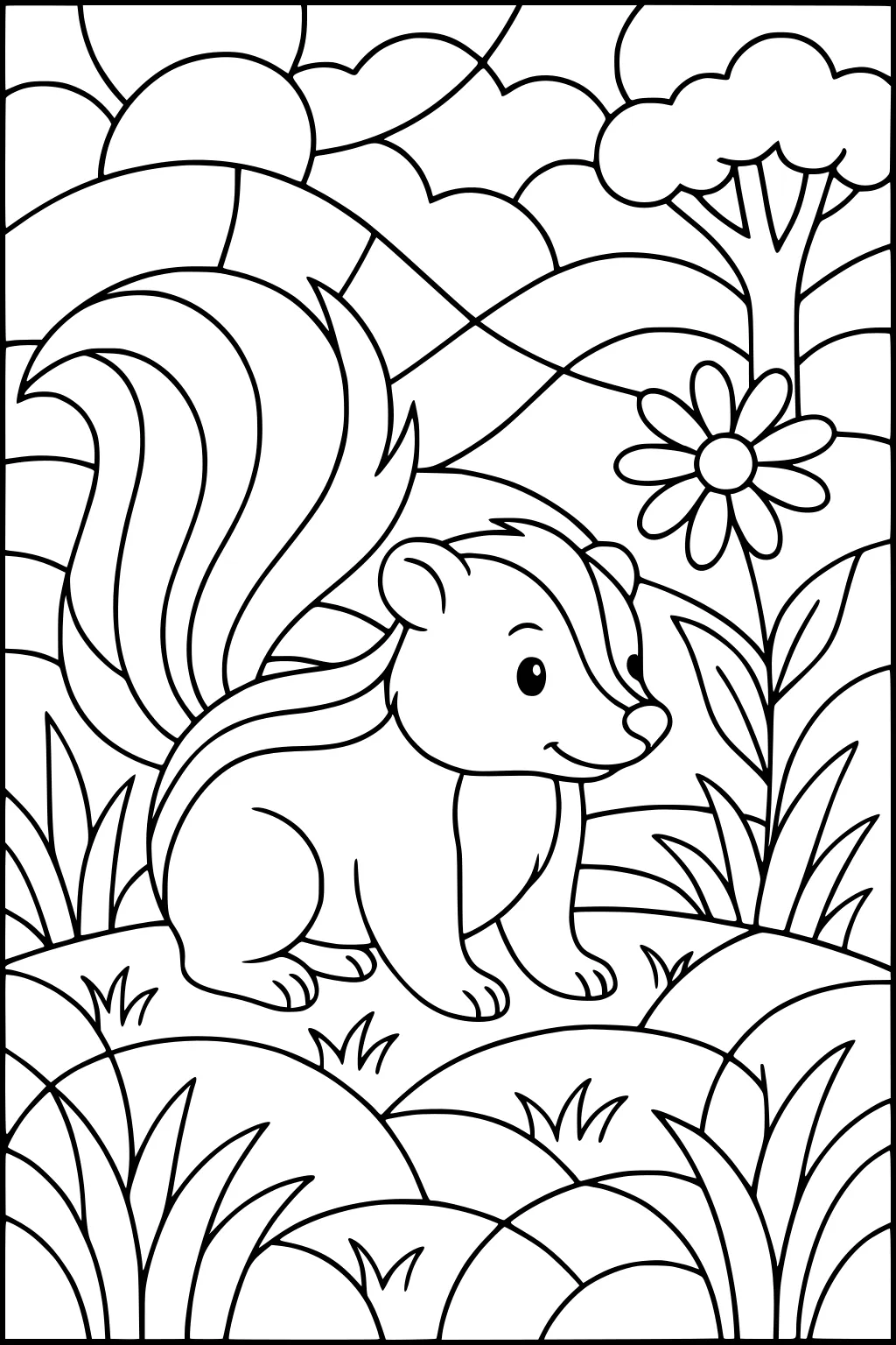 Cartoon skunk with striped tail in a grassy field, daisy flower, tree, hills, and clouds behind her.