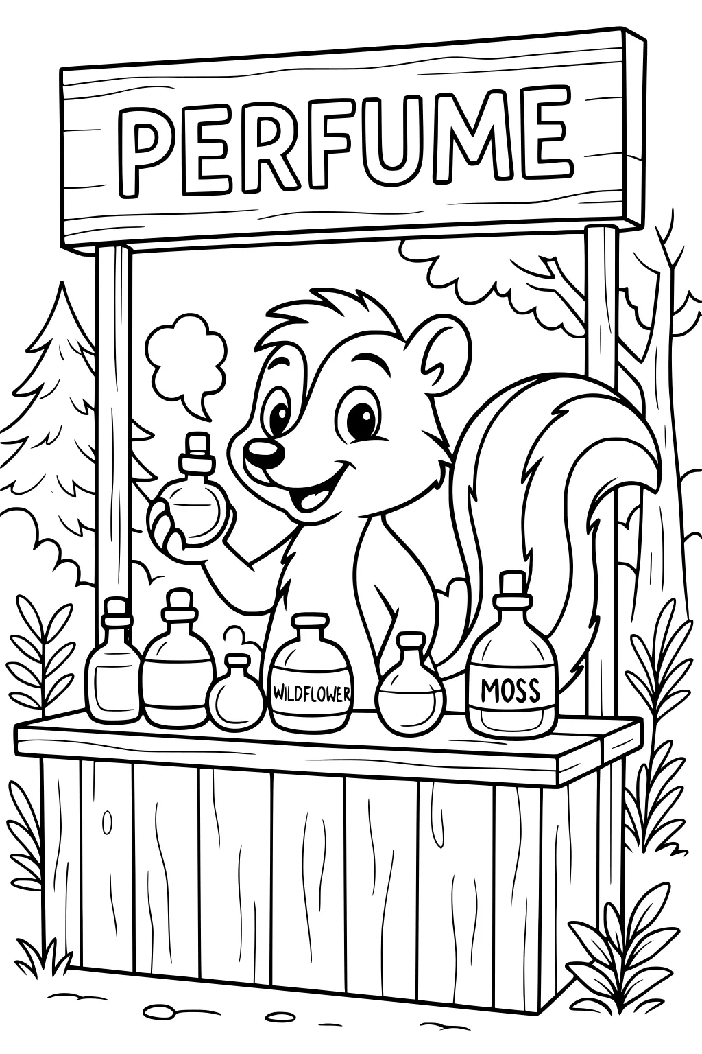 Smiling skunk at perfume stand with bottles labeled Wildflower and Moss, wooden table, trees, and plants in background.