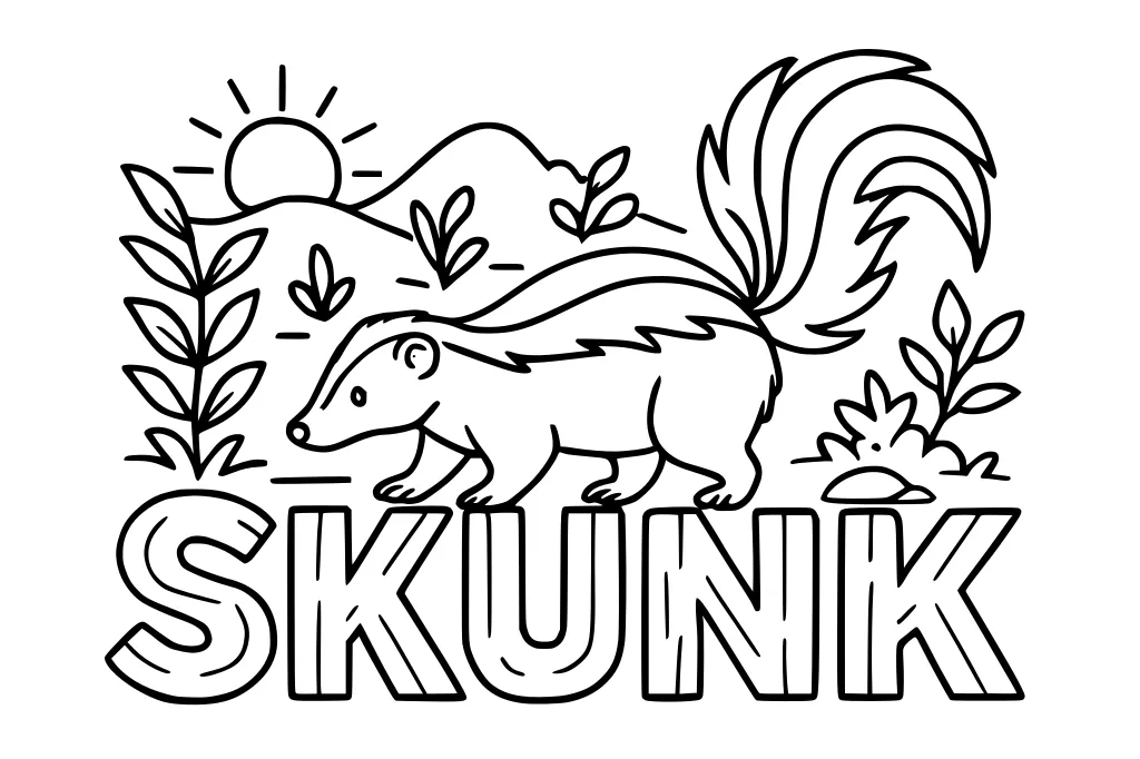 A skunk with a bushy tail walking by large SKUNK letters, surrounded by plants, hills, and a rising sun.