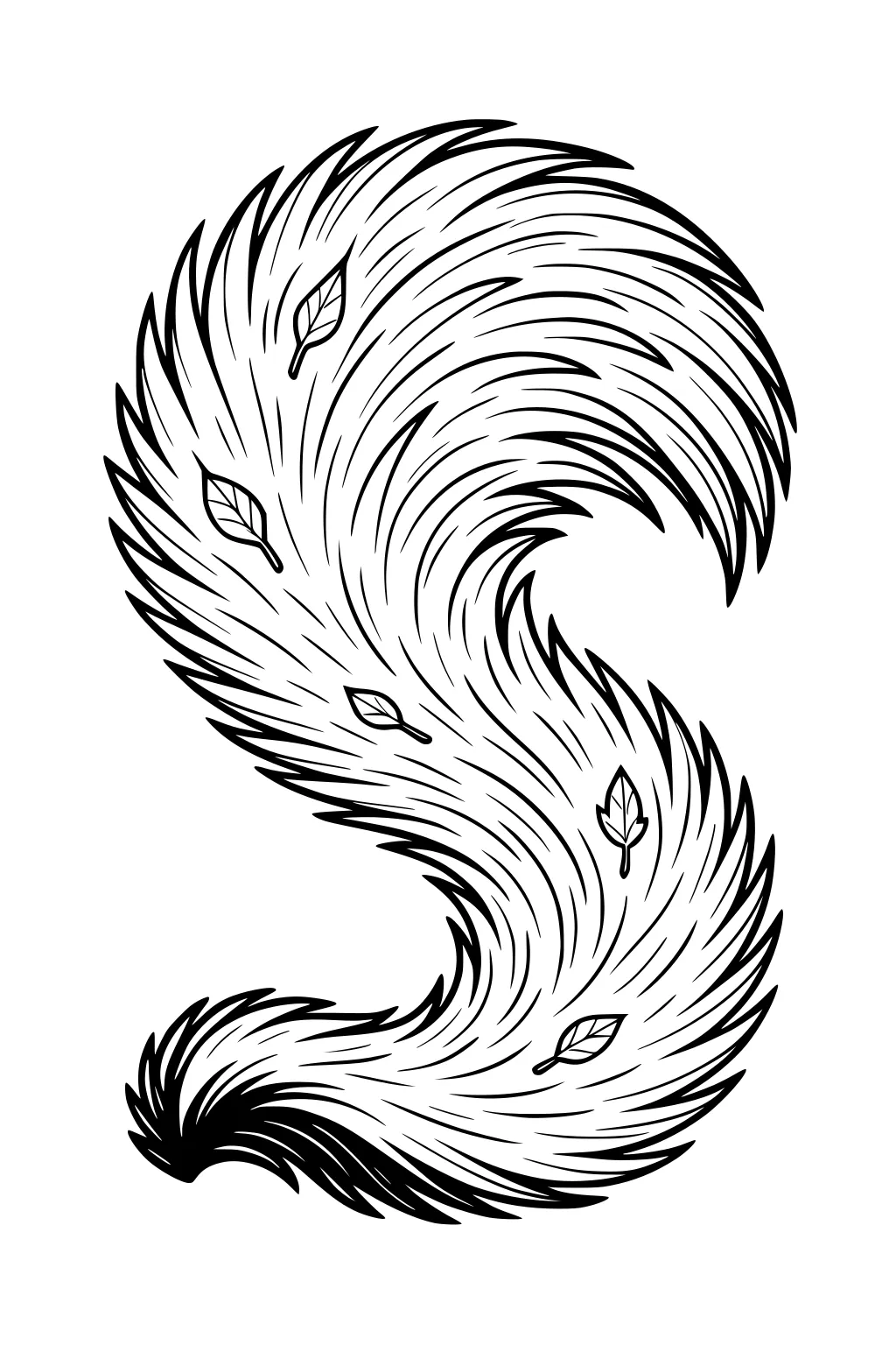 Big furry skunk tail in an S shape with five leaves laying on the fur.