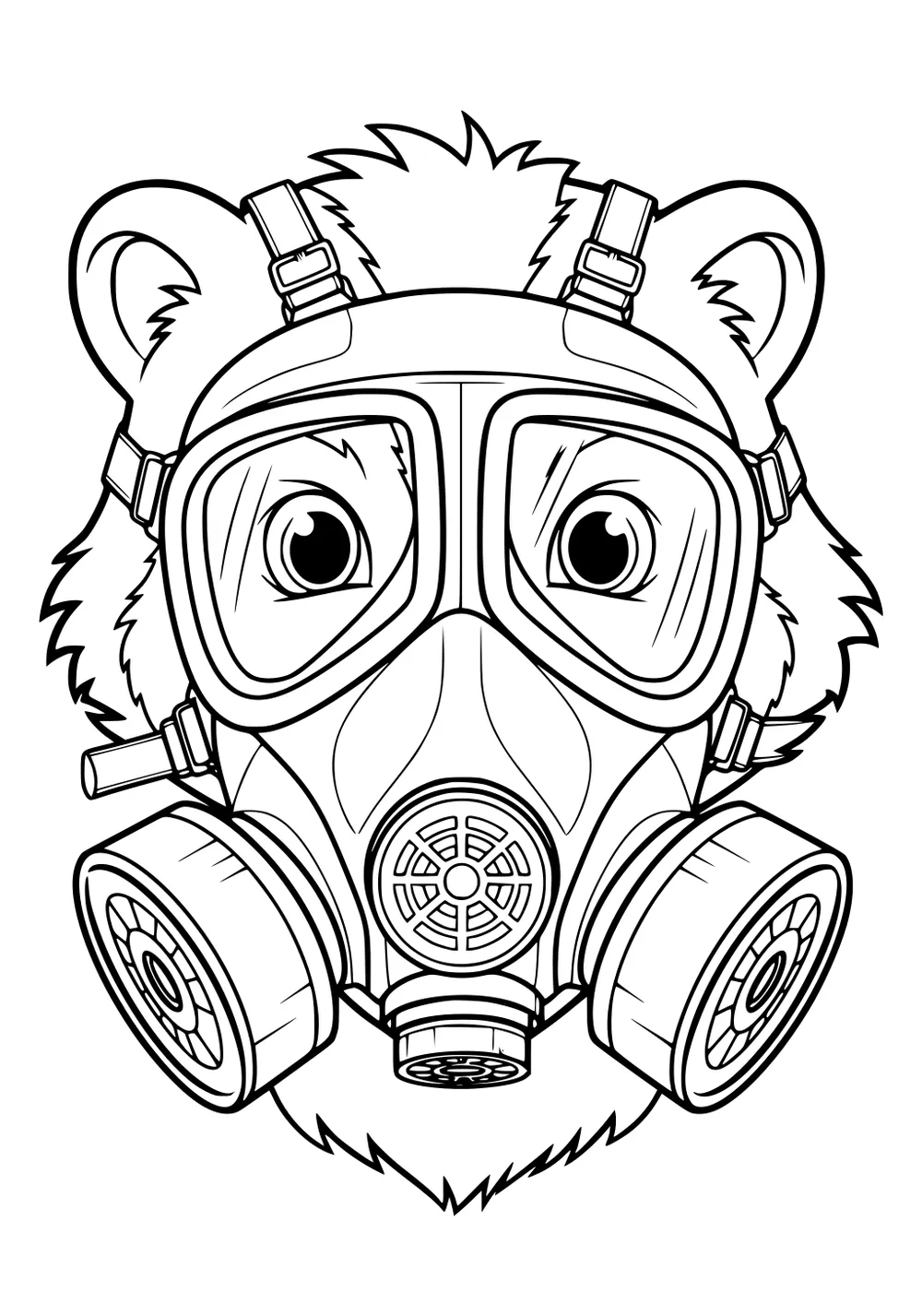 Skunk face with fur wearing a detailed gas mask with big round filters and wide goggles.