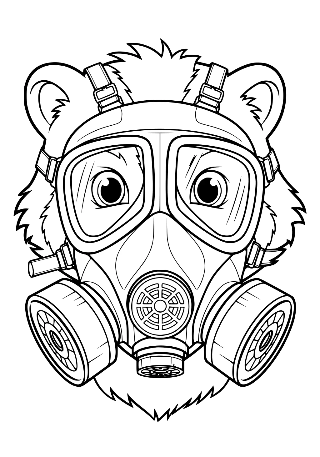 Skunk face with fur wearing a detailed gas mask with big round filters and wide goggles.