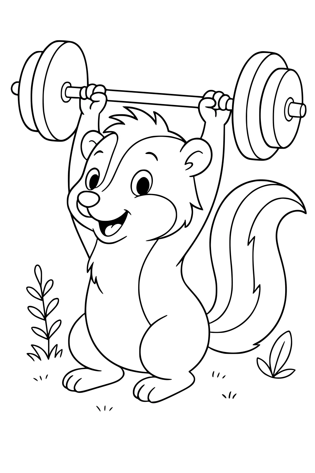 Cartoon skunk standing and raising a barbell over his head, with grass and two plants around him outdoors.