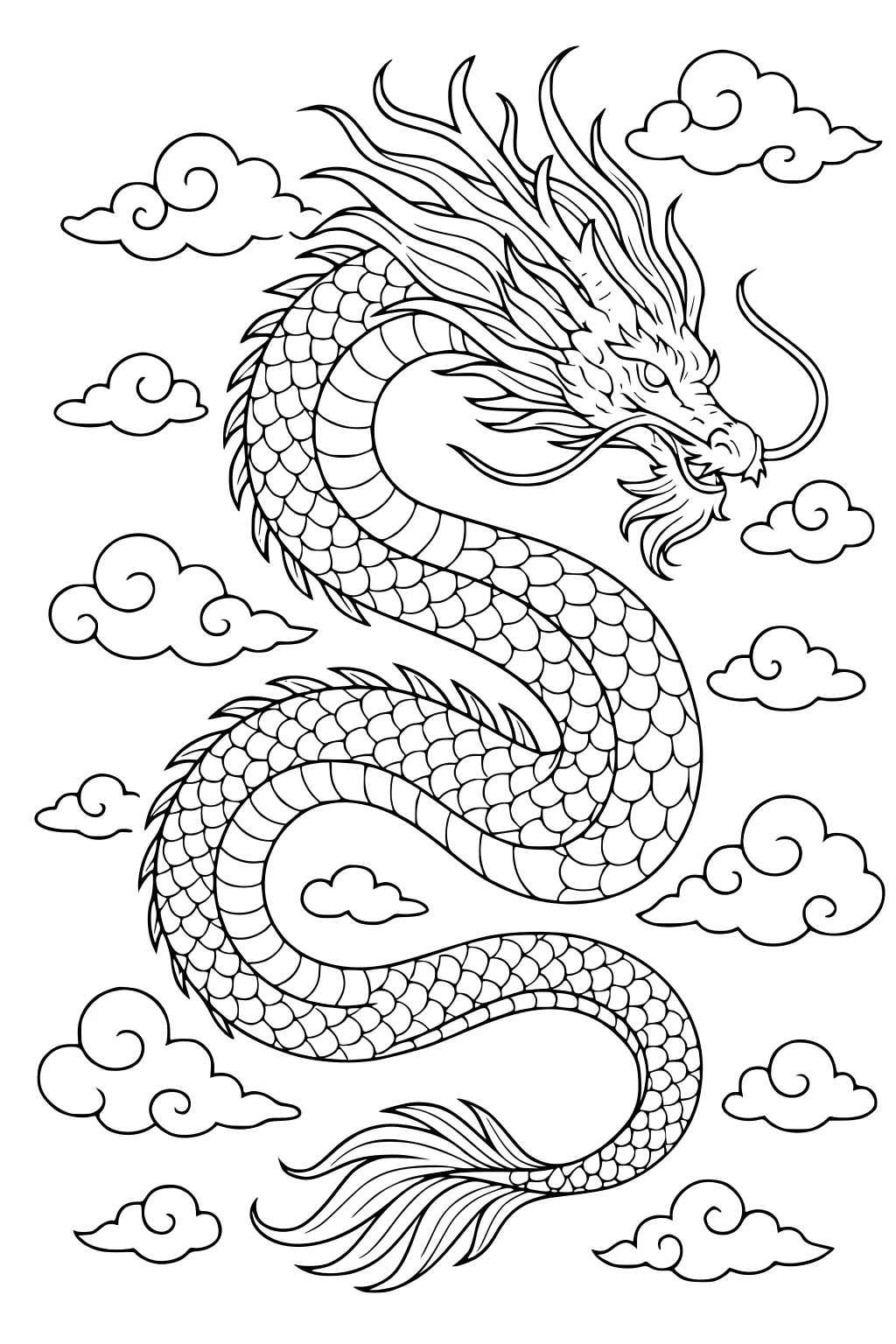 Long Asian dragon with scales, whiskers, horns, and finned tail winding through fluffy swirling clouds.