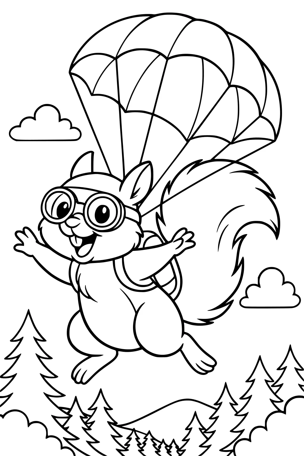 Squirrel wearing goggles parachuting above pine trees, fluffy tail in air, clouds and hills behind.