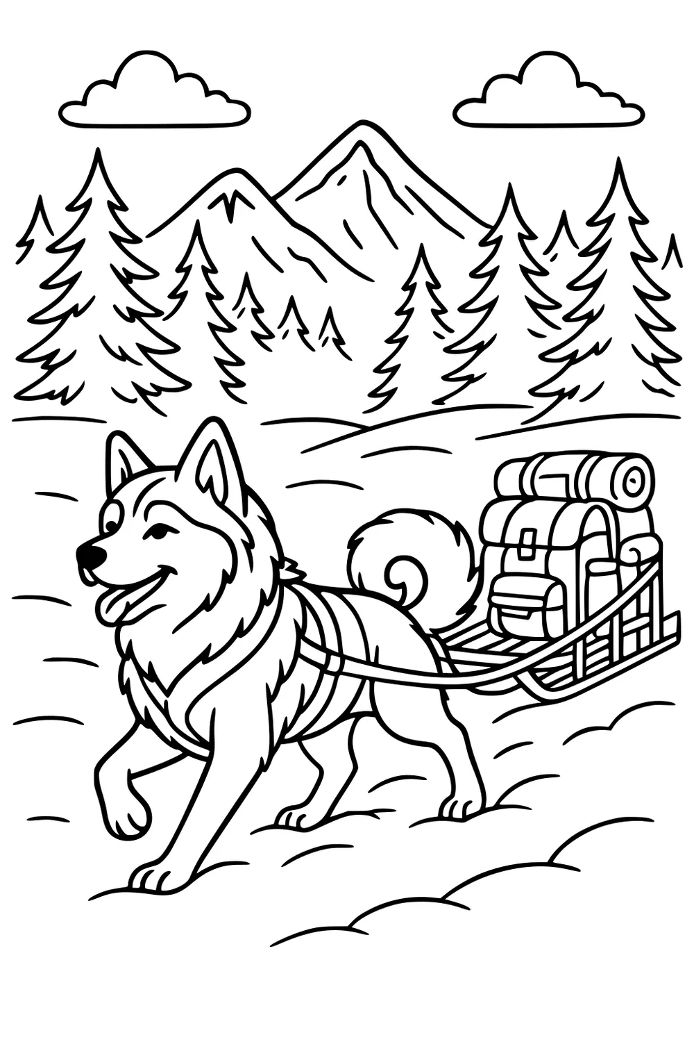 Sled dog pulling a loaded sled through snow with pine trees and mountains in the background under cloudy sky.