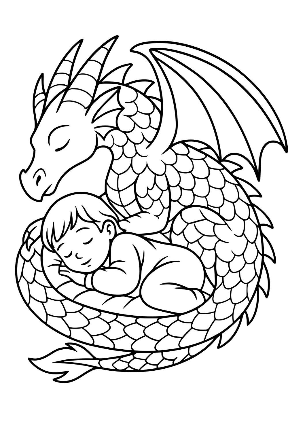 Gentle dragon curled around a sleeping boy, wings folded, horns and layered scales shown, both resting with closed eyes.