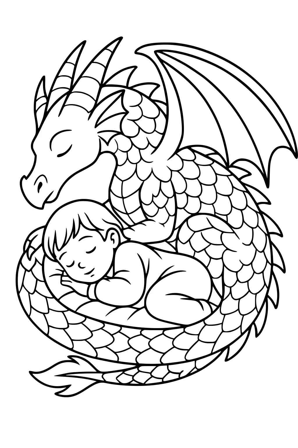 Gentle dragon curled around a sleeping boy, wings folded, horns and layered scales shown, both resting with closed eyes.