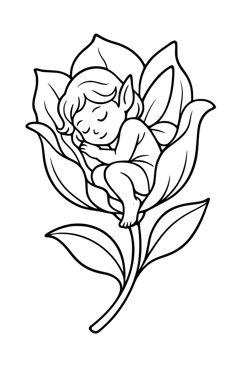 Sleeping fairy girl curled in a flower blossom with folded wings, large petals, and two leaves on a curved stem.