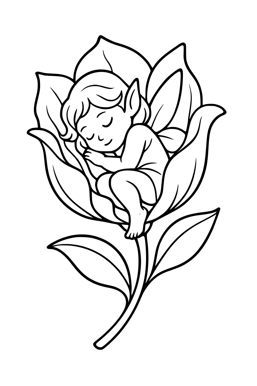 Sleeping fairy girl curled in a flower blossom with folded wings, large petals, and two leaves on a curved stem.