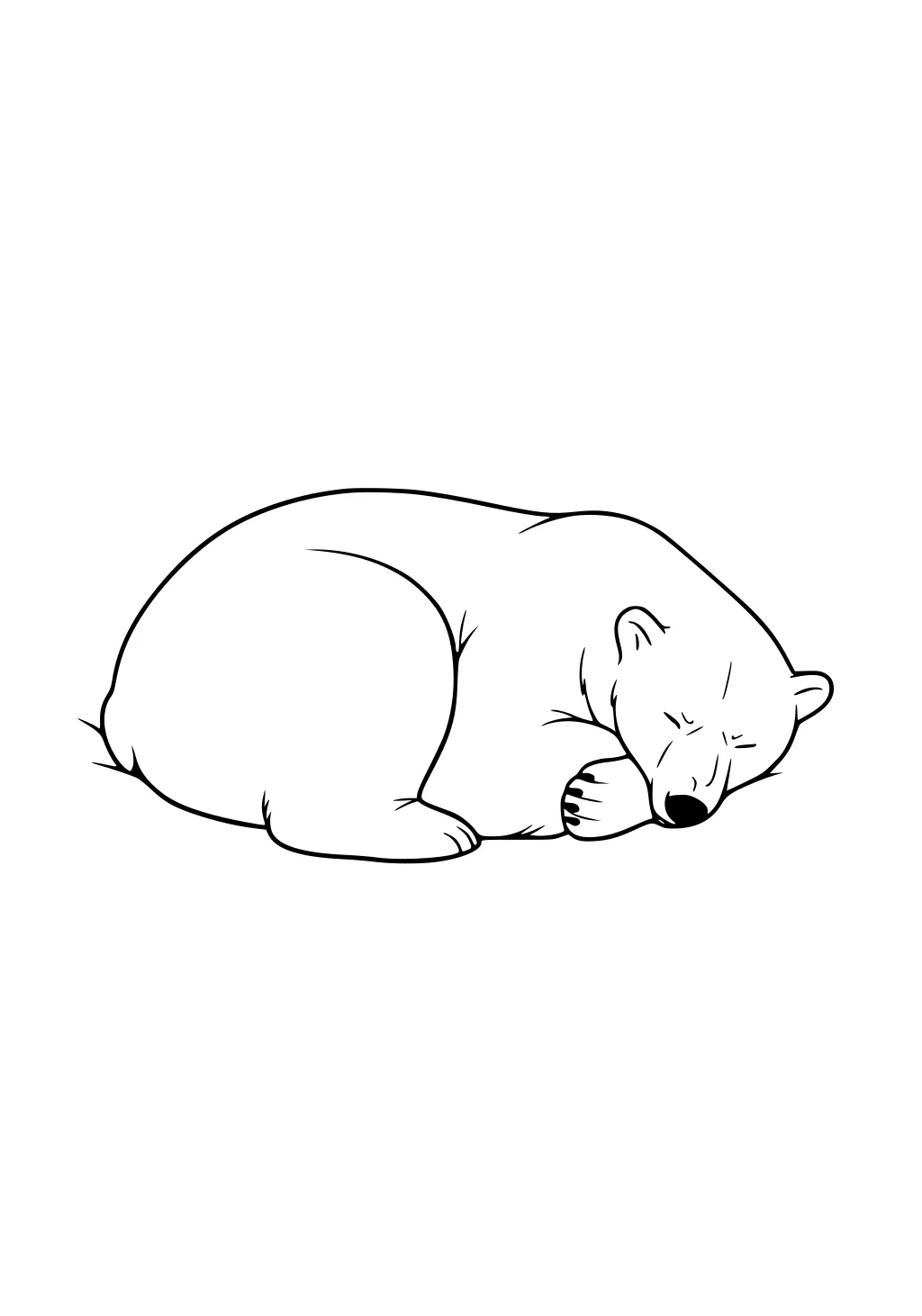 Simple line drawing of a polar bear curled up and sleeping with its head resting on its paw.