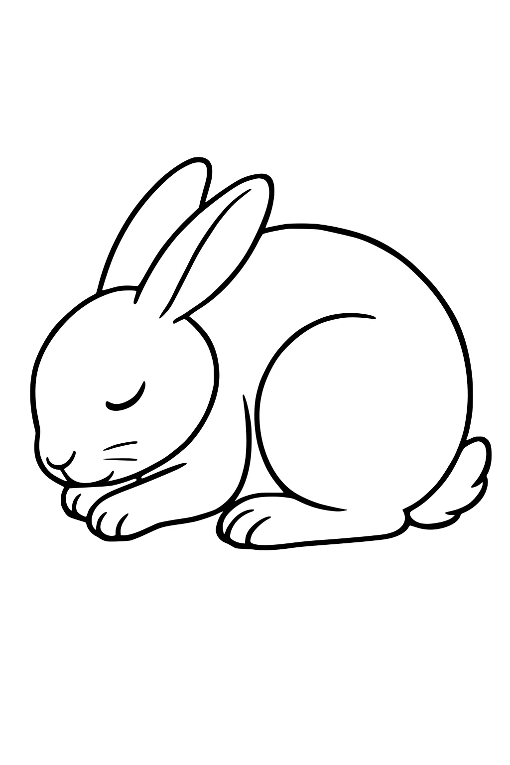 A sleeping rabbit with closed eyes, long ears, and folded paws, drawn with smooth, simple black outlines.
