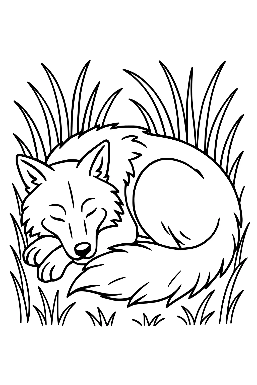 Sleeping wolf curled in tall grass with closed eyes, paws tucked, and tail wrapped around his body; simple bold line art.