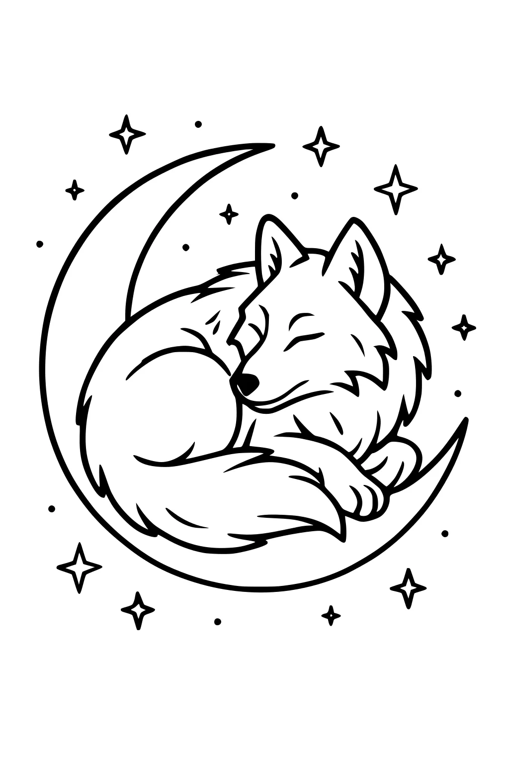 Sleeping wolf curled on a crescent moon with closed eyes, fluffy tail wrapped around, surrounded by scattered stars and dots.