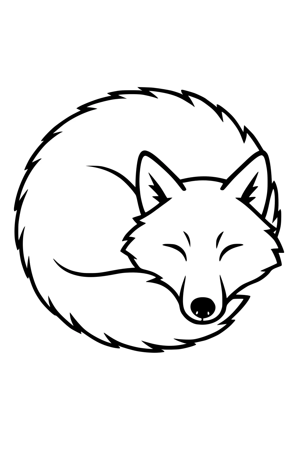 Sleeping wolf curled in a circle; tail over nose, eyes closed, pointy ears, simple black outlines on white background.