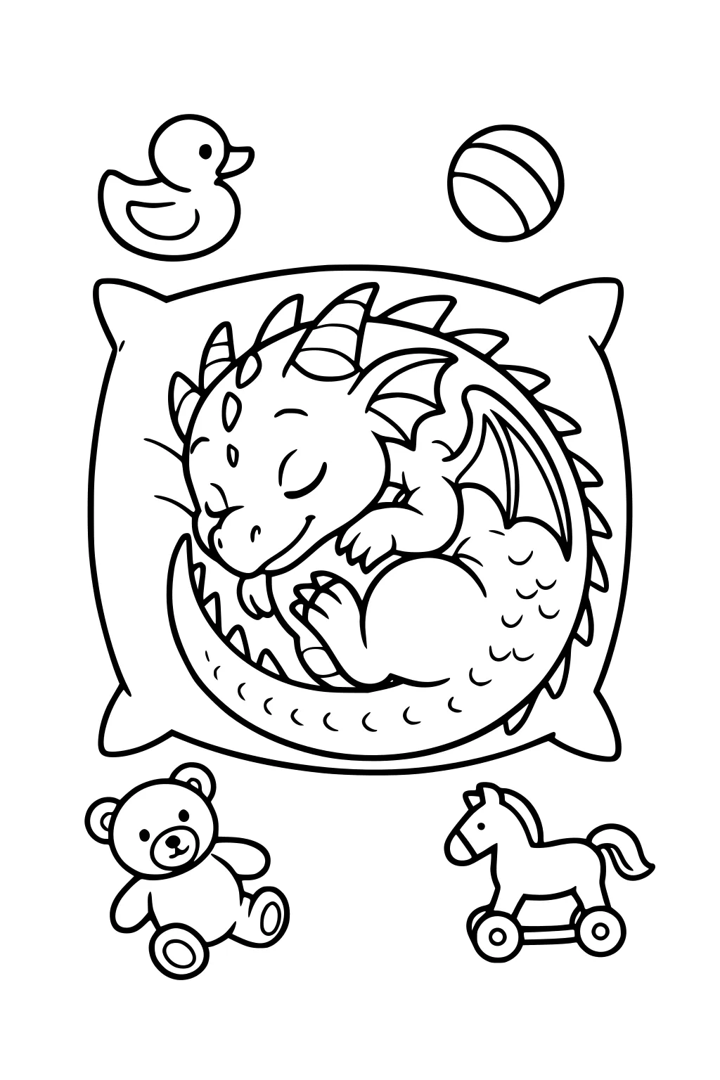 Sleeping baby dragon curled on a pillow; rubber duck, ball, teddy bear, and wheeled toy horse around it.