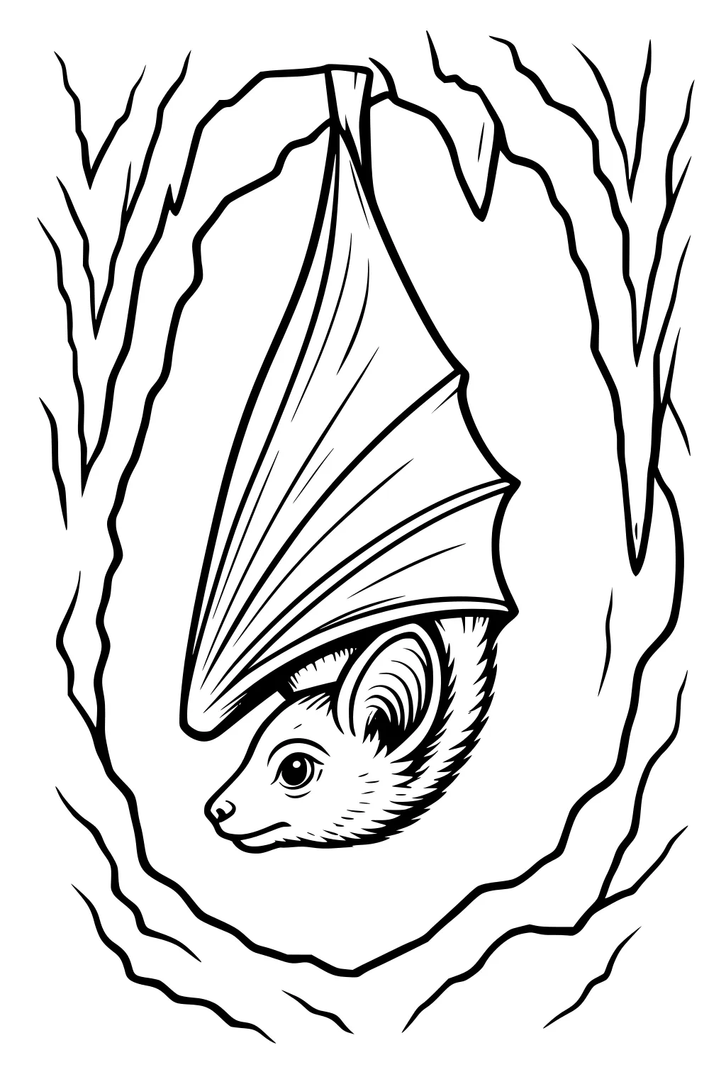 Bat hanging upside down in a cave with its wings wrapped around its body and big ears showing.