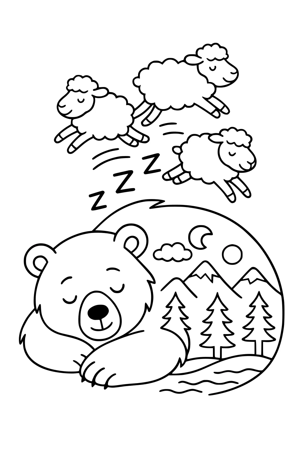 Sleeping bear with three sheep jumping above, pine trees and river under a night sky with moon and mountains.