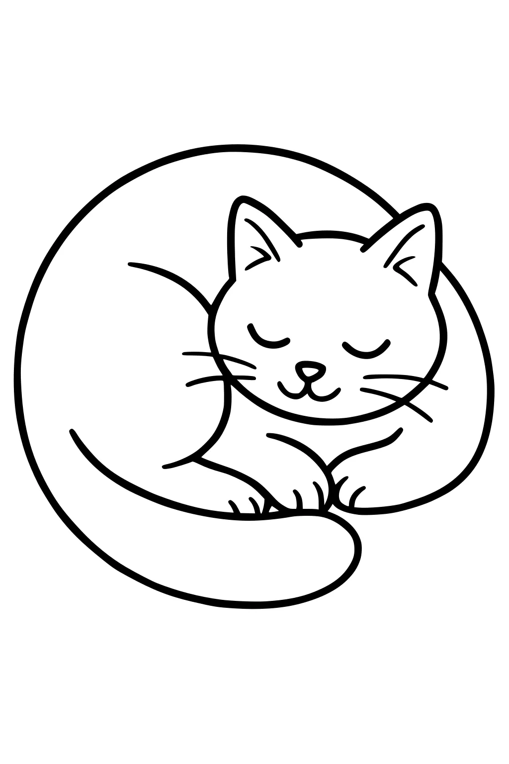 Sleeping cat curled up with eyes closed, tail wrapped around body, and paws tucked under head.