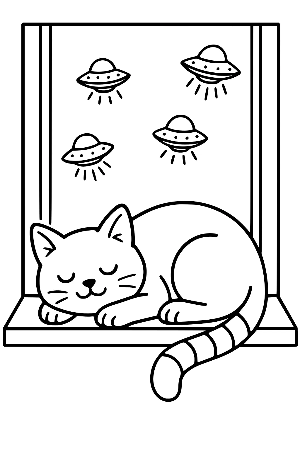 Sleeping cat on a windowsill while four small UFO saucers hover outside the window, each with a dome and short beam lines.