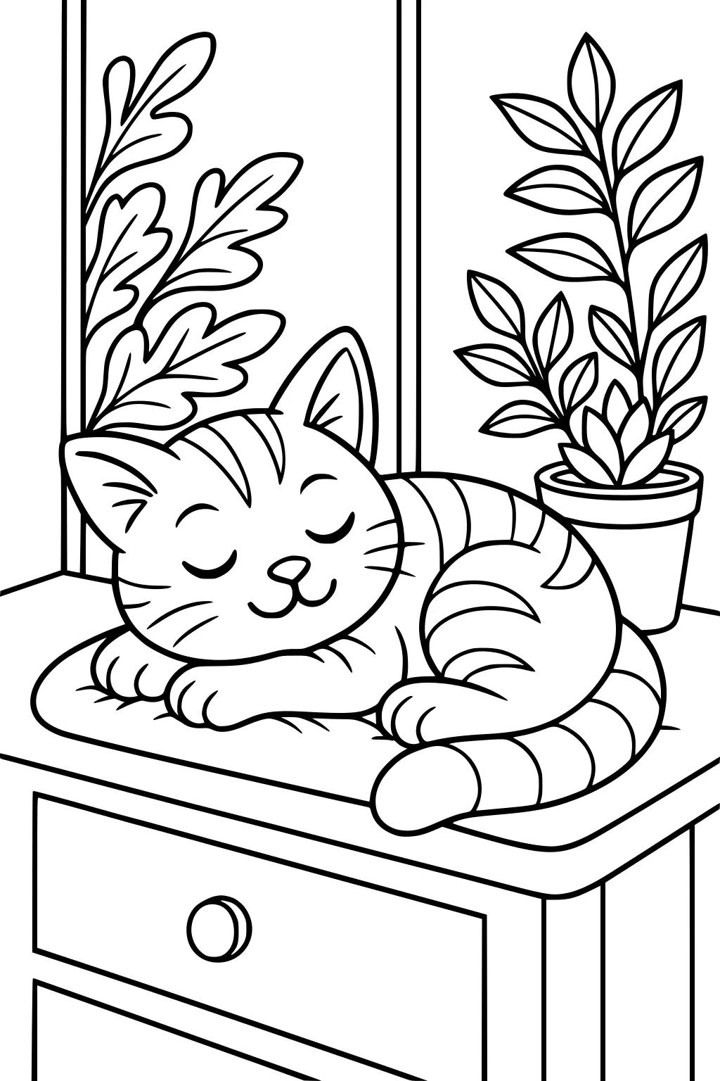Striped cat asleep on a cushion on a table, with potted plants and a window behind her.