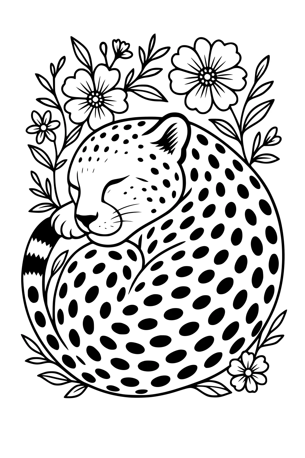 Sleeping cheetah curled up with closed eyes, surrounded by large flowers and leaves drawn in simple lines.