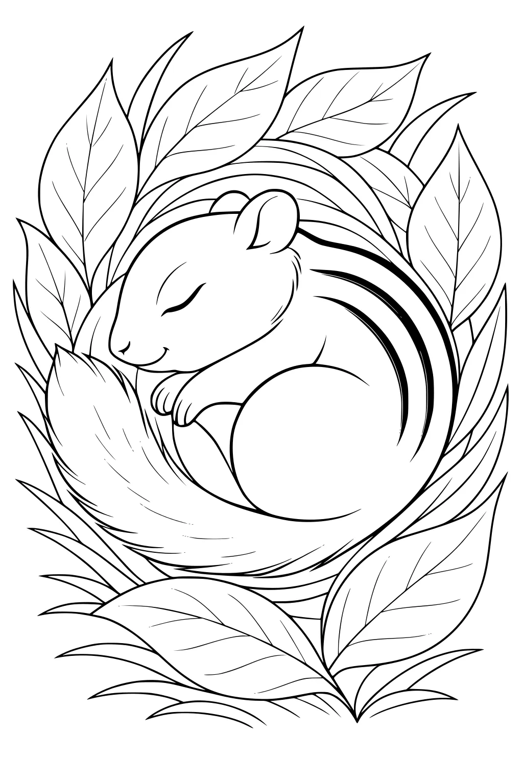 Sleeping chipmunk curled up in a ball, surrounded by large leaves in a simple cartoon style.