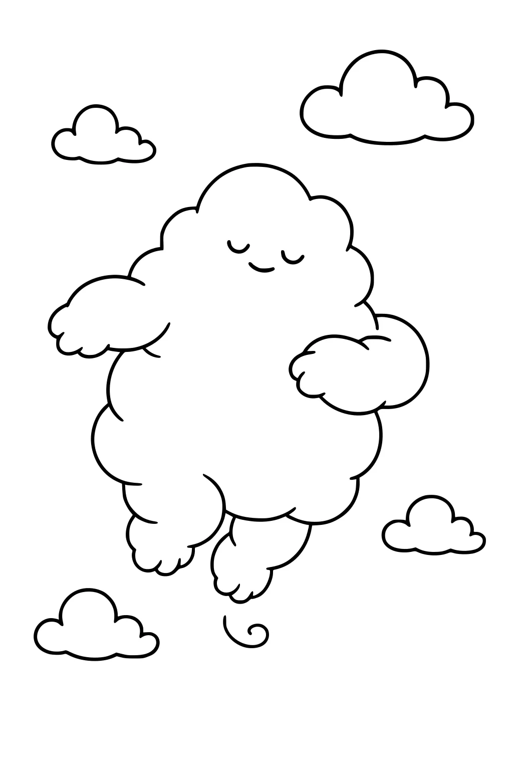 Smiling cloud monster with closed eyes floats in the sky, puffy arms and legs, tiny swirl below, surrounded by small rounded clouds.