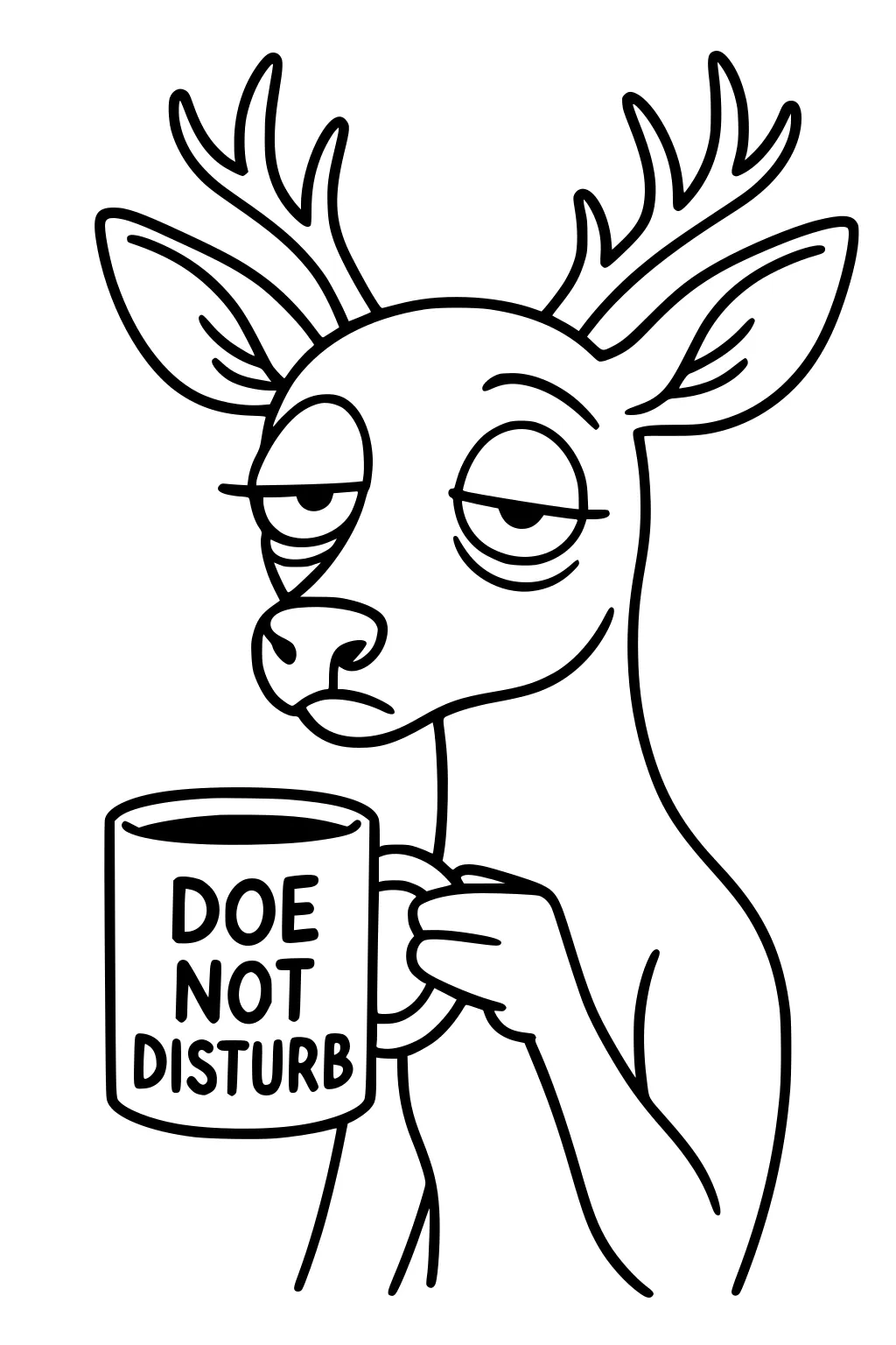 A cartoon deer with large antlers holds a mug that says 'DOE NOT DISTURB' and has a tired expression.