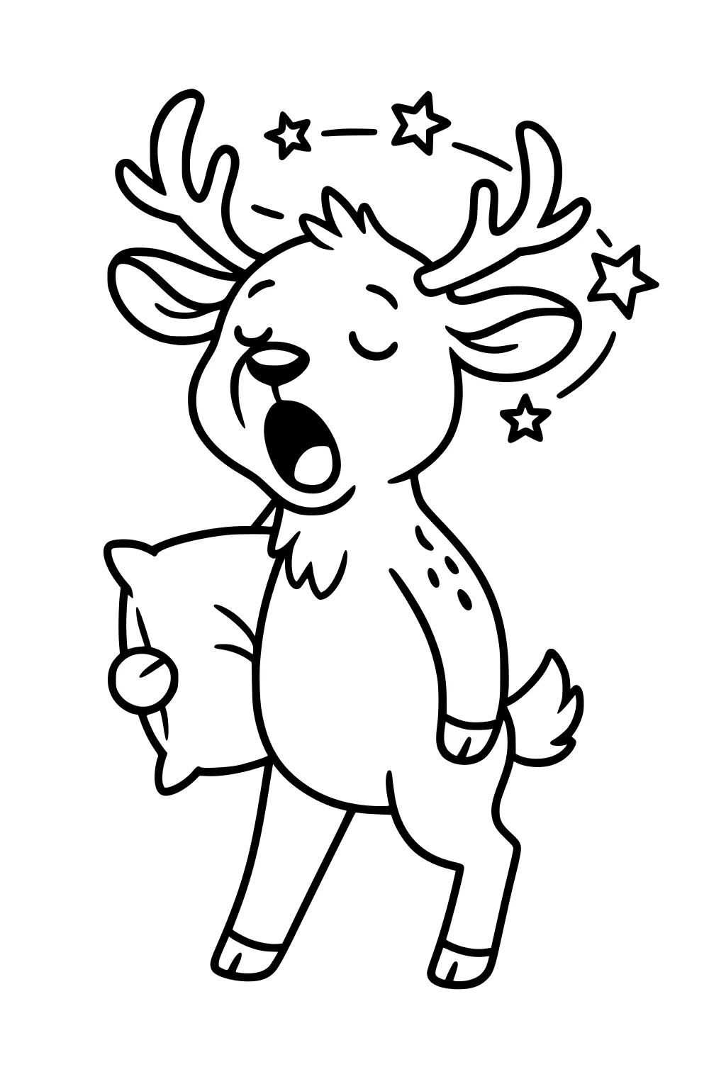 Sleepy deer holding a pillow, yawning with eyes closed, stars circling over his head.