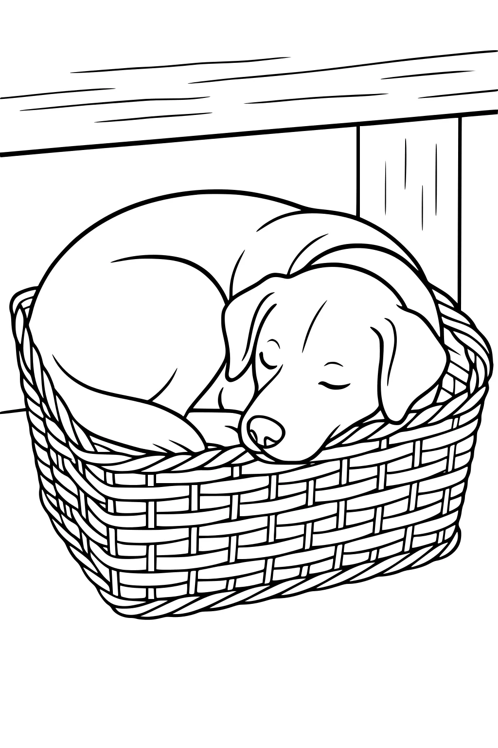 Dog sleeping curled up in a woven basket beneath a wooden bench, eyes closed, showing a peaceful and calm moment.