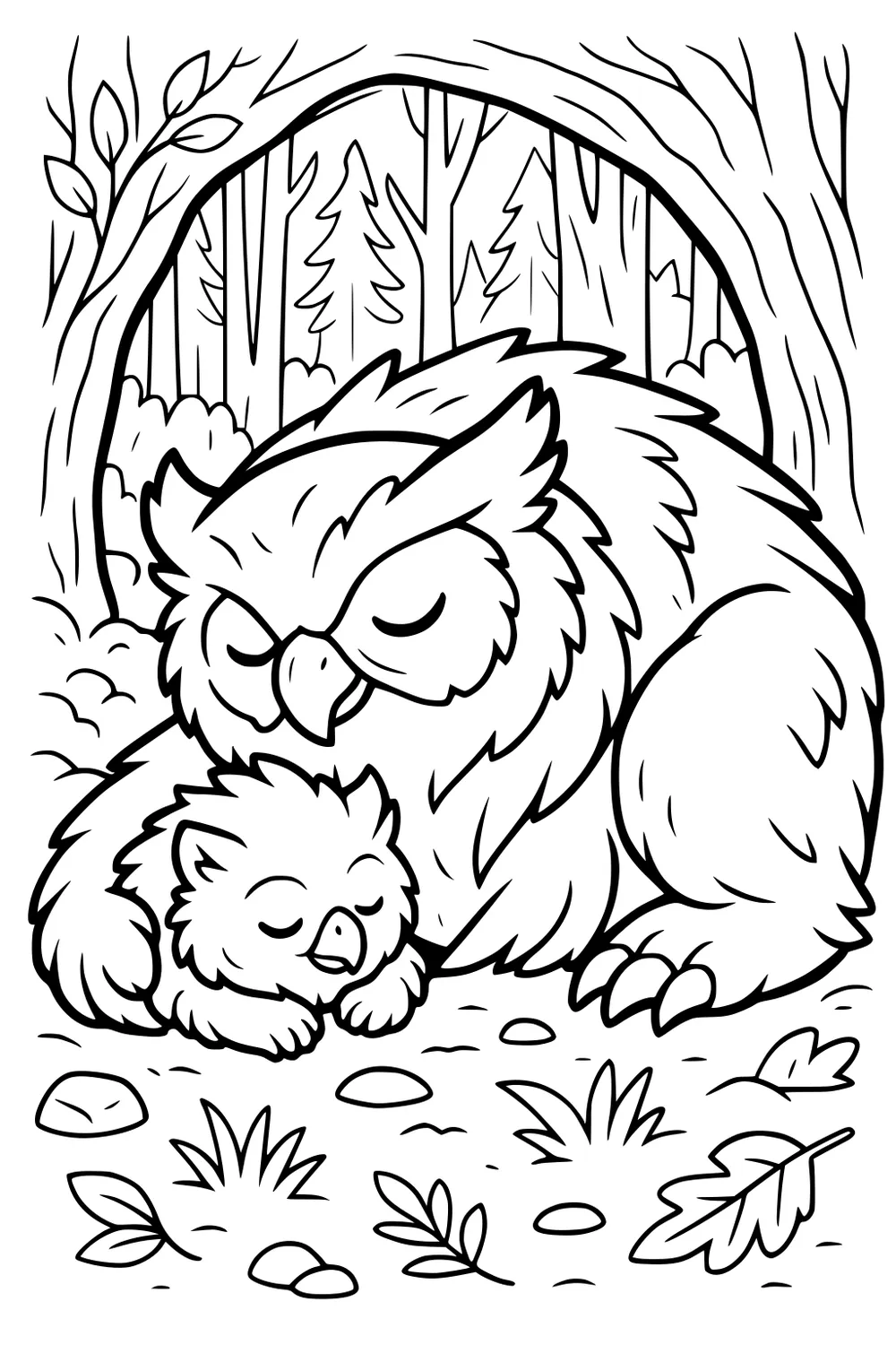Parent owl and baby owl sleeping under tree arch in forest with leaves, rocks, grass, and tall trees in background.