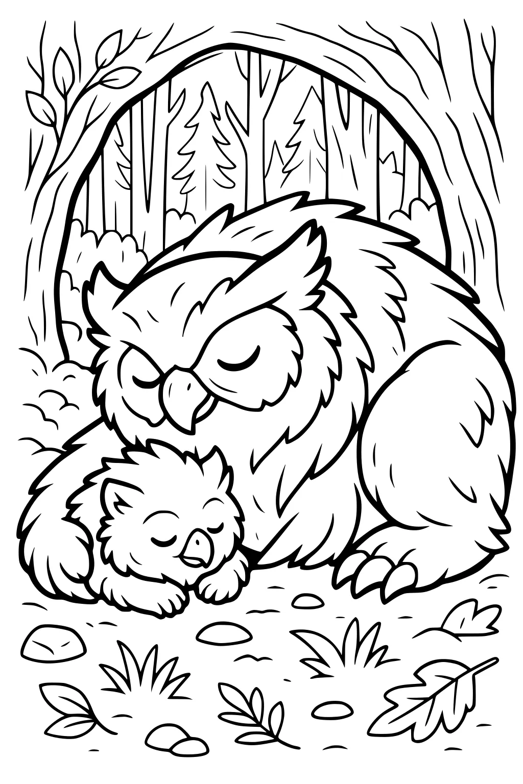 Parent owl and baby owl sleeping under tree arch in forest with leaves, rocks, grass, and tall trees in background.