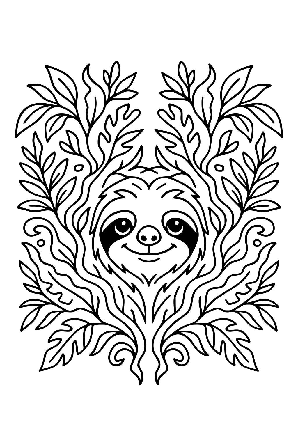 A happy sloth's face framed by large swirling leaves and vines in a jungle pattern, all outlined for coloring.