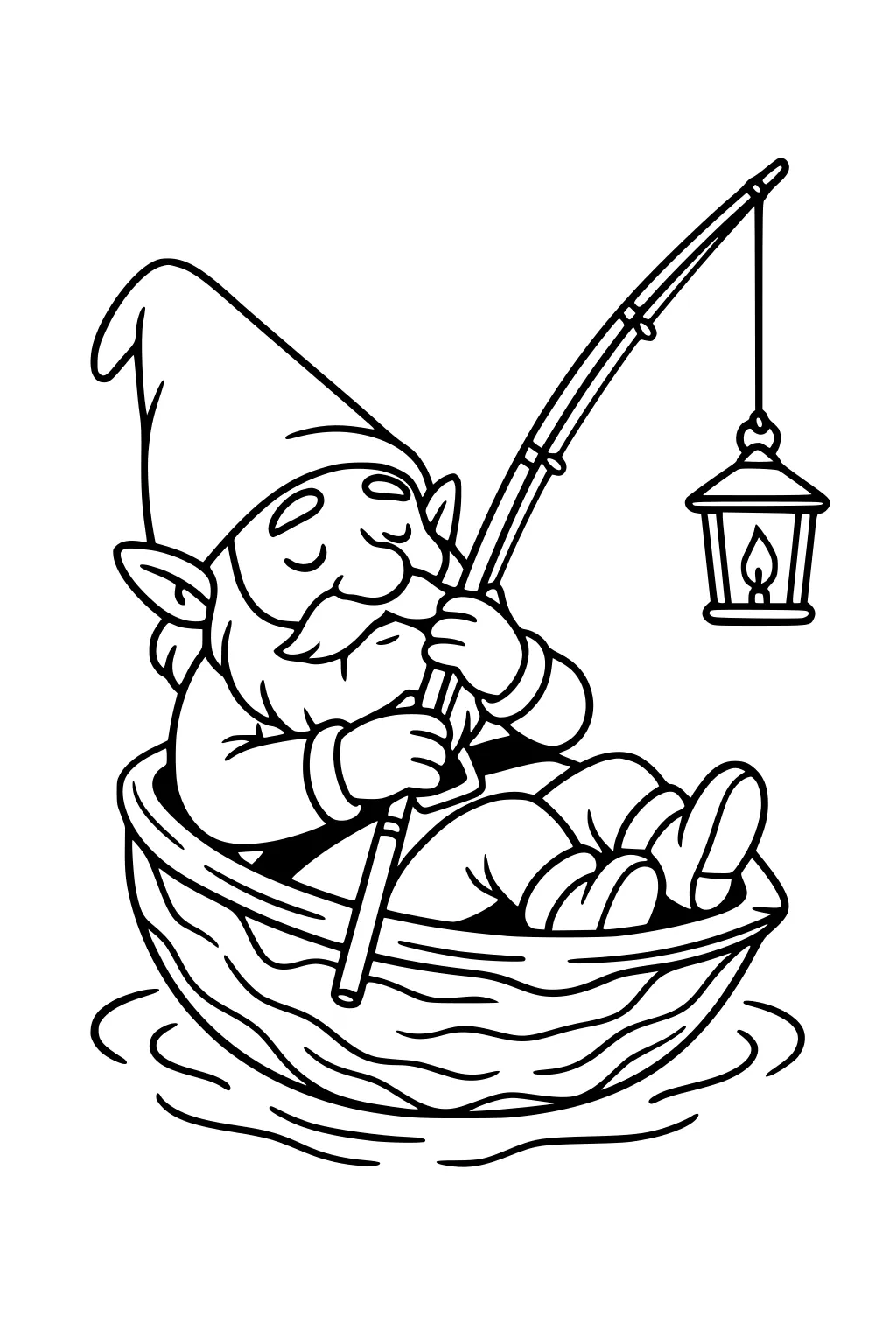 Sleepy bearded gnome in a walnut shell boat, holding a fishing rod with a hanging lantern, floating on rippling water.