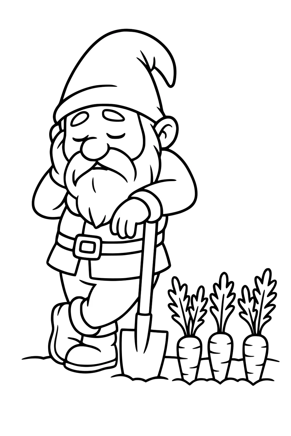 Bearded garden gnome with floppy hat naps on a shovel beside three carrots; boots in soil, simple cartoon outline.