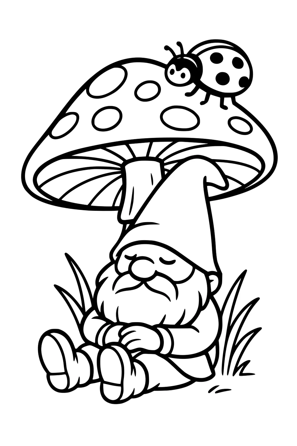Sleeping gnome under large spotted mushroom with ladybug on top, cartoon outline with grass and simple shapes.