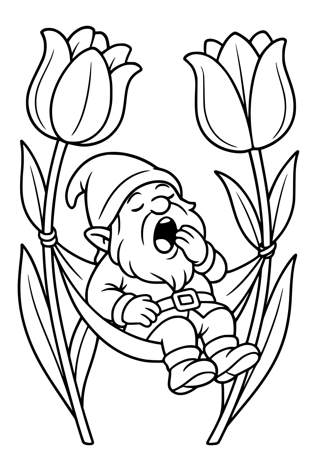 Gnome yawning in a hammock tied between two tall tulips, with big leaves, droopy hat, boots, belt, and beard.