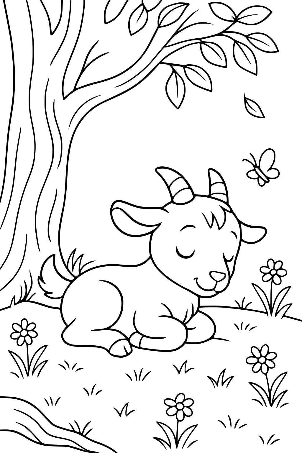 A small goat sleeps under a leafy tree on a grassy meadow. Flowers grow nearby and a butterfly flutters above.
