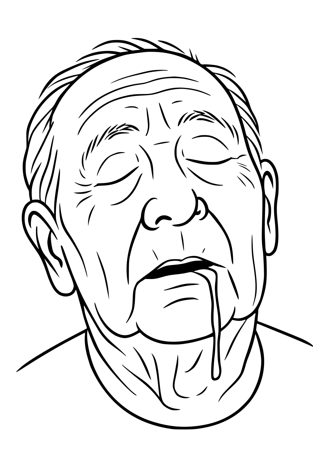 Elderly grandpa napping, eyes closed, head back, mouth open with a drool string, wearing a simple shirt, clean line portrait.
