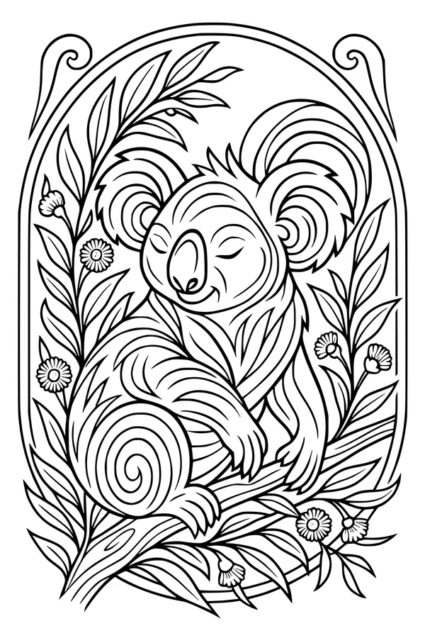 Sleepy Koala in a Leafy Hug