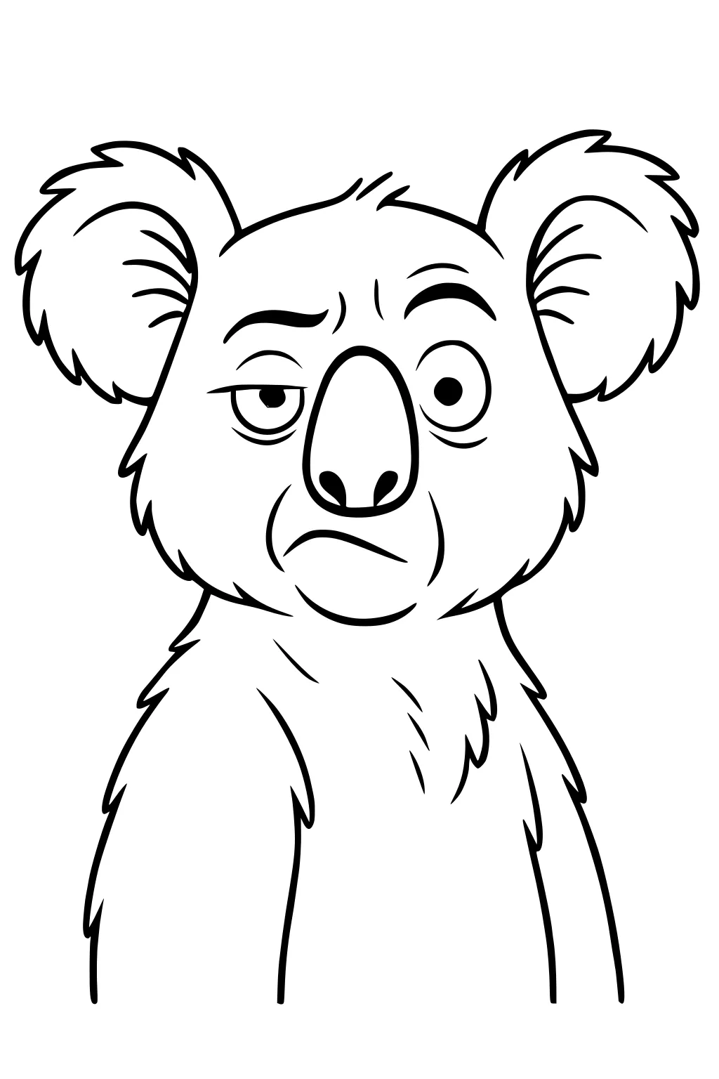 Cartoon koala with large fluffy ears and wrinkled face, looking puzzled, sitting upright with simple outlined fur.