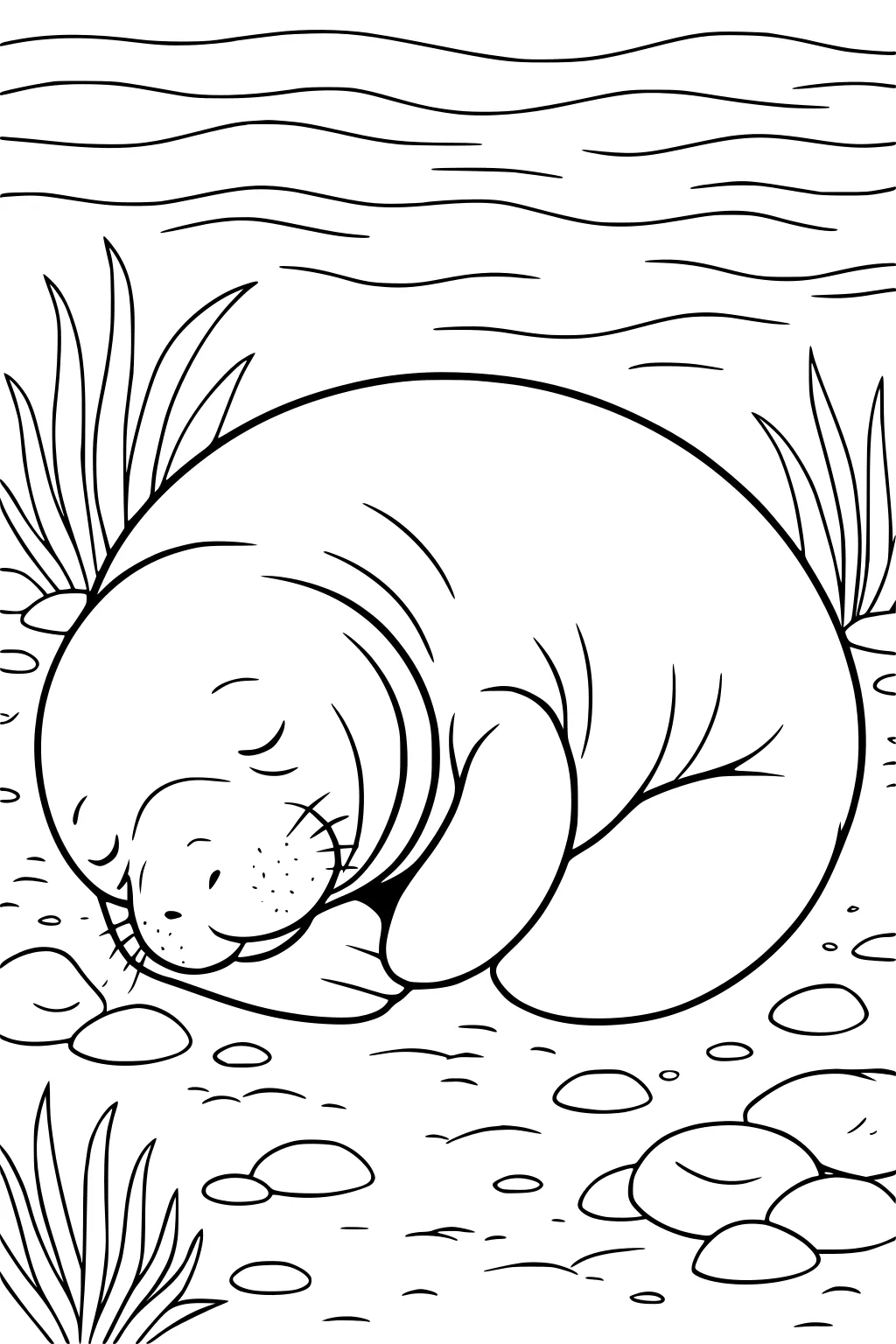Manatee sleeping underwater on a sandy riverbed with pebbles, plants, and wavy water surface lines overhead.